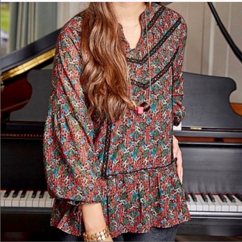 Matilda Jane Carol Floral Holiday Sheer Peasant 3/4 sleeve blouse size small